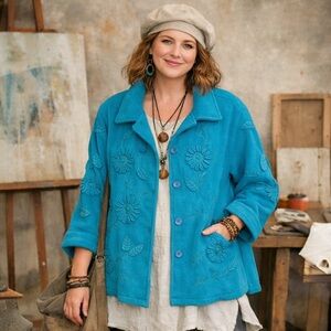 Susan Graver Style Teal Embroidered Fleece Jacket Plus 1X Floral Cottagecore DO1